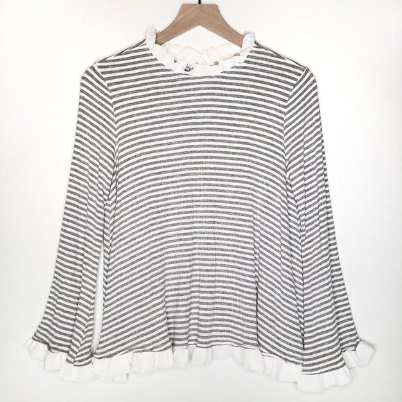 Altar'd State Ribbed Stripe Jersey Top Ruffle Neck‎ S White Grey - Picture 1 of 7